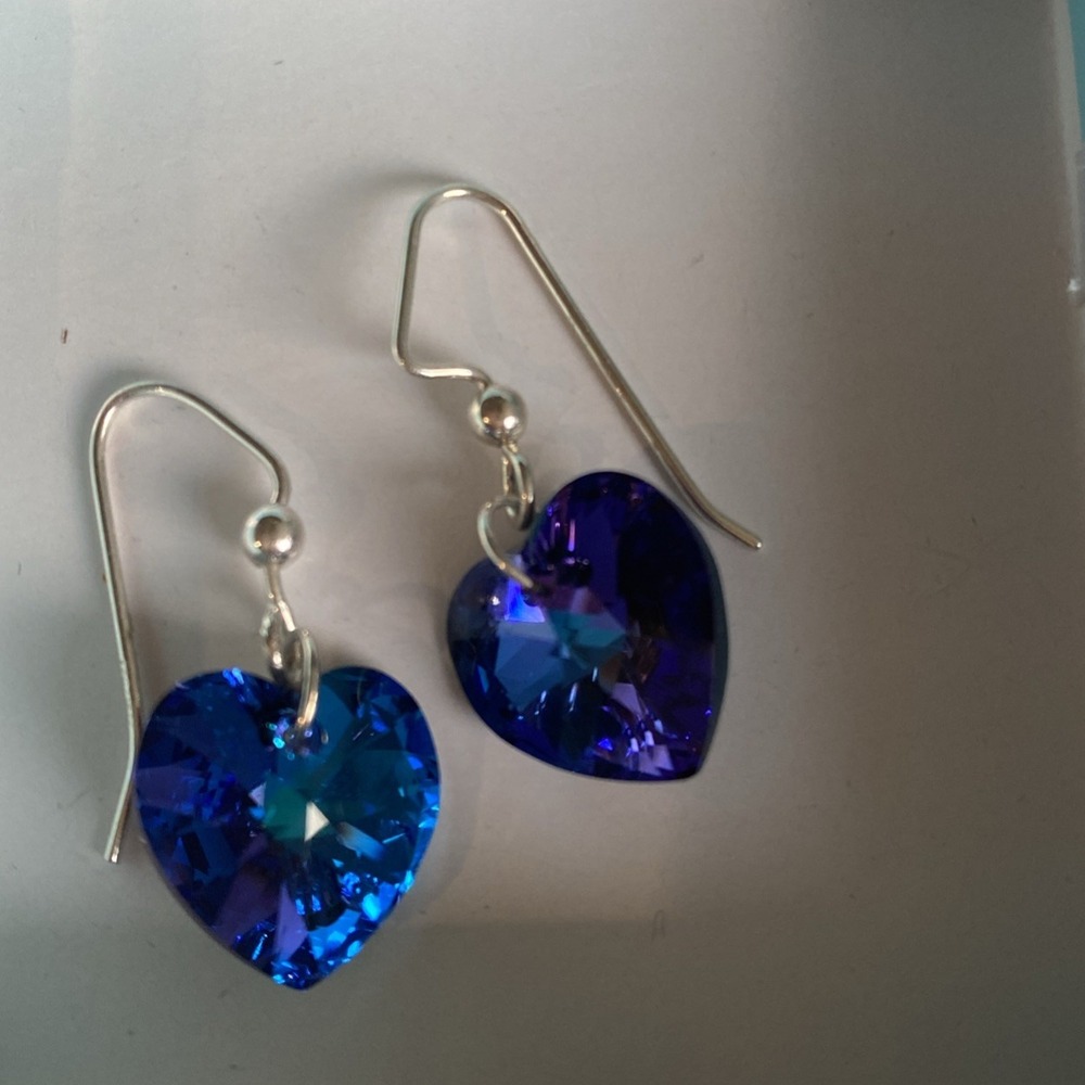 Crystal‎ Heart In Blue & Purples Drop Earrings Silver